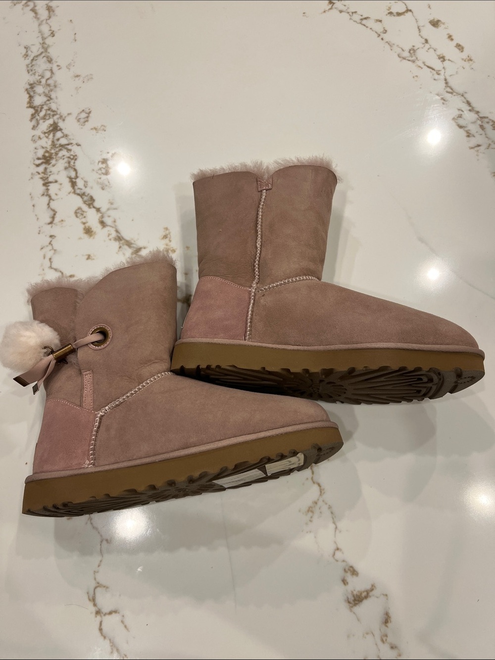 UGG Women's Dusty Pink Suede Shearling Boots with Pom Tie